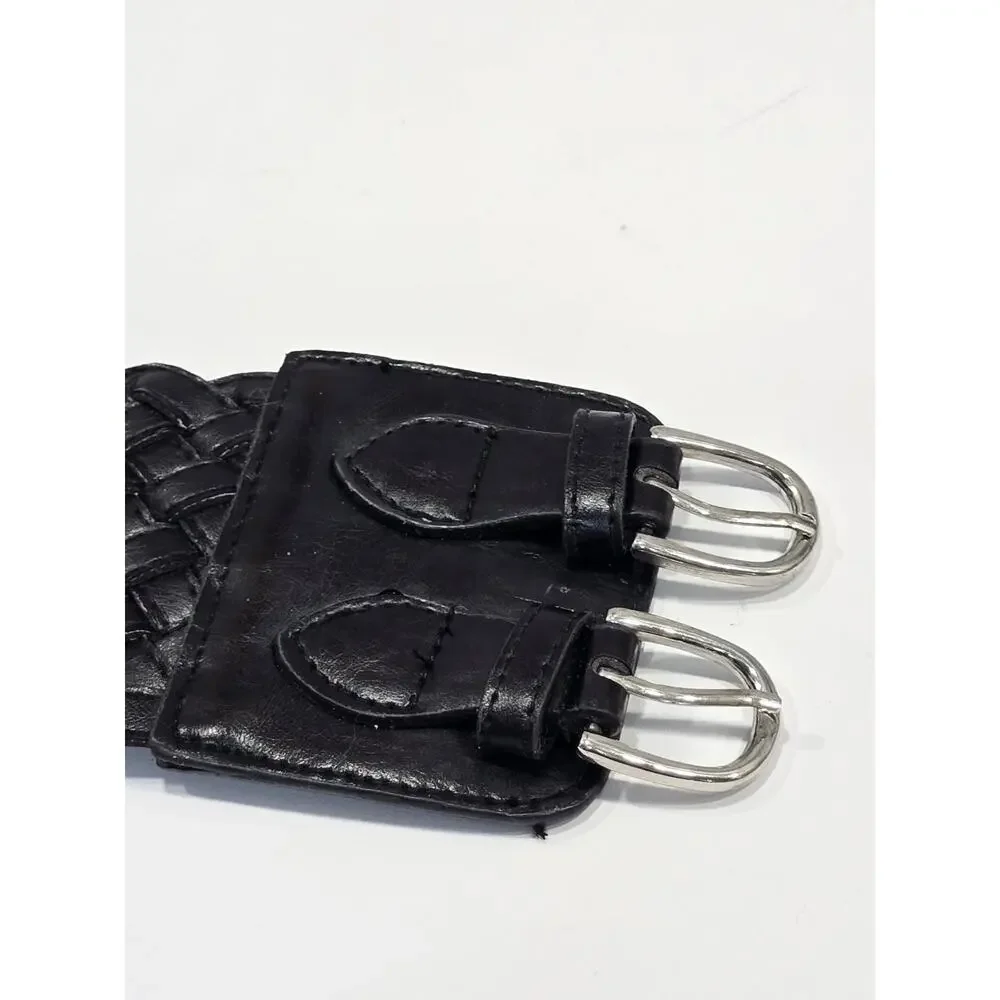 Goth Retro Women's size Small Wide Black Woven Waist Belt Double Buckle Stretch